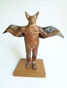 wood-fired ceramic sculpture by Katja Abbott of a fox with wings