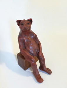 Ceramic sculpture by Katja Abbott of a therianthropic leopard