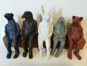 five ceramic sculptures by Katja Abbott of therianthropic animals