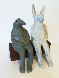 ceramic sculpture by Katja Abbott of a therianthropic bird and rabbit in conversation